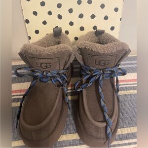 UGG Brown Suede Shearling-Lined Ankle Booties with Blue Accent Laces